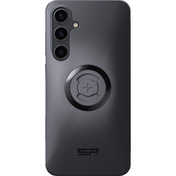 The SPC+ Phone Case Samsung Galaxy S24 FE by Sp Connect is shown from the back, featuring a sleek black design, three vertical rear camera cutouts, a central circular magnetic mount, and the SP logo near the bottom.