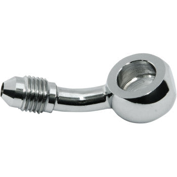 The Banjo Fitting 10 mm AN3 35° Chrome by Magnum Shielding features a threaded end and rounded eyelet, is compatible with AN-3 fittings, and is ideal for hydraulic or fuel line connections.