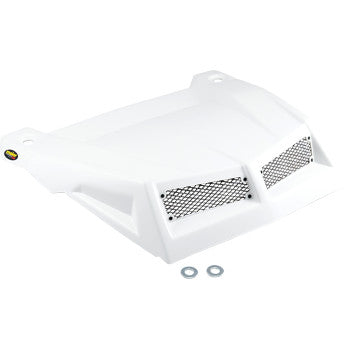 The Hood White X17 by Maier is a white plastic vented car hood scoop made from high-density polyethylene, with two front metal mesh inserts, angular lines, two mounting washers below, and two top corner mounting holes.