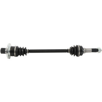 The Rhino Axle Kit Complete 8 Ball Extreme Duty Rear Right by All Balls features a black chromoly shaft with rubber boots on both ends and precision ball bearings in the metal fittings, shown on a white background.
