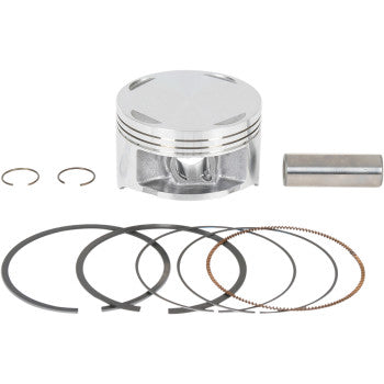 The Honda Piston Kit 85.00 mm by Prox includes a precision machined OEM replacement piston, wrist pin, two circlips, and multiple piston rings displayed neatly on a white background.