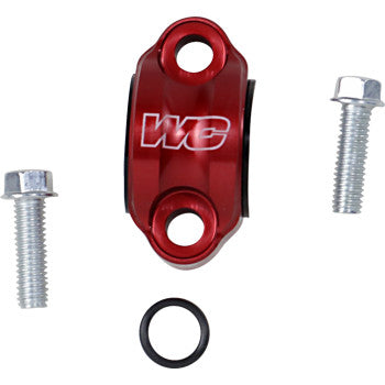 The Bar Clamp Rotating Red by Works Connection features a 6061 T-6 aluminum clamp with WC logo, two silver bolts, and a black O-ring, all displayed on a white background—ideal for upgrading your front brake setup.