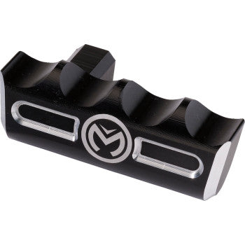 The Can-Am Billet Shifter Kit by Moose Offroad is a black, rectangular 6061 billet aluminum accessory with silver accents, grooved top, and a circular front logo with an overlapping M—perfect for quality OEM replacement.