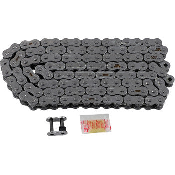 The 530 Max X Chain 120 Links Chrome by Rk, made in Japan, features high tensile strength and comes coiled with a connecting link and lubricant packet, all displayed on a white background.