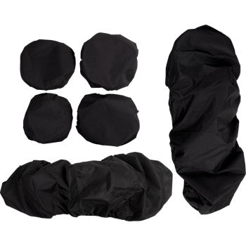 Five pieces of black fabric from the Honda Pioneer 1000 6 Seat Cover by Moose Offroad—four round, one long—are arranged on a white background, perfect as water-resistant seat covers for extra protection.