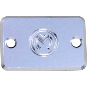 A polished, rectangular master cylinder cover by Moose Offroad in metallic silver, featuring two side holes and an engraved circular "M" logo at the center—ideal for quad accessories.