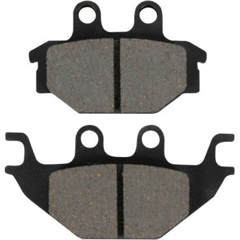 Pair of rectangular black metal sport carbon brake pads with gray friction material and central grooves.