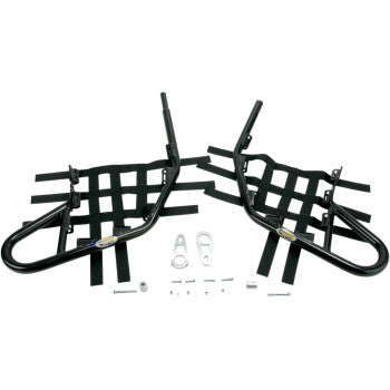 Two Honda TRX Nerf Bars Black by Motorsport Products with black webbing and ATV net tabs are displayed side by side, with included mounting hardware (bolts, nuts, brackets). Ideal for ATVA compliant setups.