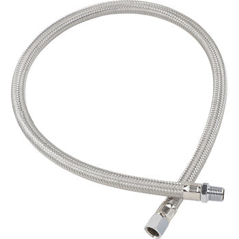 The Hose Extension 28 by Kleinn is a flexible silver braided air line hose with threaded connectors on both ends, shown coiled in a loose loop against a white background.