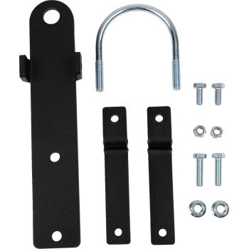 The Yamaha Raptor/Yamaha Warrior Ball Hitch by Moose Offroad, including black metal brackets, a U-bolt, and mounting hardware (screws, nuts, washers), is shown on a white background—rugged and ideal for ATV use.