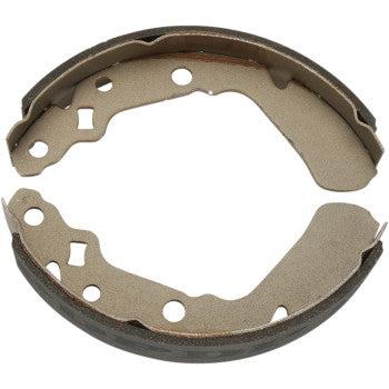 The KingQuad Brake Shoes LT F 9160 by Dp Brakes feature two curved metal shoes with durable friction pads and cutouts, forming a circular shape ideal for use in drum brake systems on vehicles.