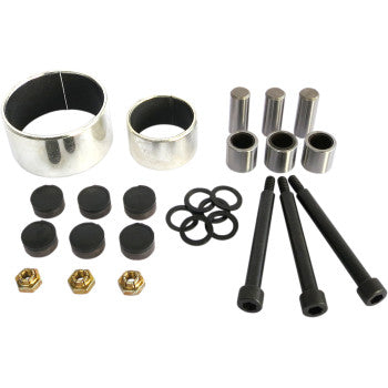 Clutch Rebuild Kit by Epi—includes metal bushings, cylindrical pins, black bolts, hex nuts, rubber caps, and O-rings—displayed on a white background.