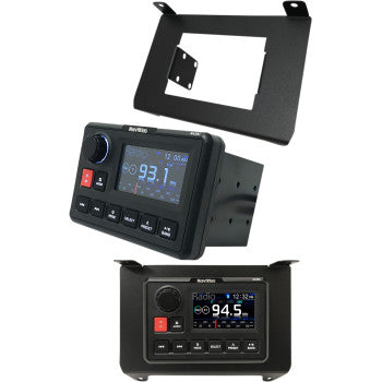 Three images display the Polaris RZR Turbo S - Radio Kit with Mount by Navatlas: a waterproof radio, metal mounting bracket, and the radio set to 94.5 FM. The marine stereo includes buttons, a knob, digital display, and Bluetooth streaming.