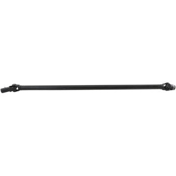 Black metal front drive shaft with universal joints on both ends, designed for offroad vehicles.