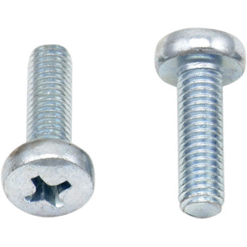Two silver Phillips head screws from the Screws Pan M5 x 15 10 Pack by Bolt are shown side by side—one top view, one side—ideal for motorcycle hardware or Bolt Service Department replacement needs.