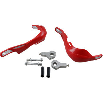 Pro Guard Reinforced Handguards Red by Emgo, shown on a white background, feature a universal X-Strong mount kit with two aluminum brackets, two rubber sleeves, and two bolts; designed to fit 7/8" handlebars.