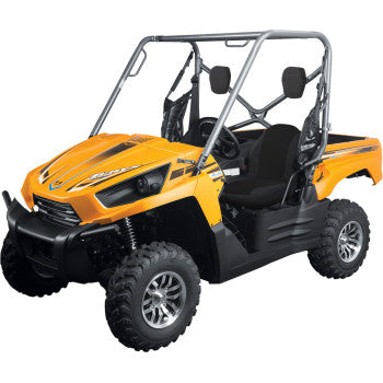 Equip your yellow side-by-side UTV with the Kawasaki Mule Bench Seat Cover Black by Classic Accessories for added comfort and durability, featuring heavy-duty fabric for rugged outdoor use.