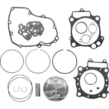 The Honda Top End Piston Kit 95.96 mm for Honda TRX R ER by Vertex includes a piston kit with gaskets, piston rings, circlips, a chain, and a pin—all displayed on a white background.