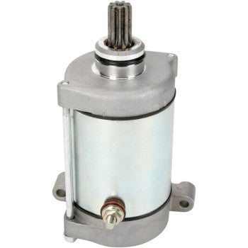 Silver cylindrical Yamaha starter motor with a gear shaft on top and mounting brackets on the sides.
