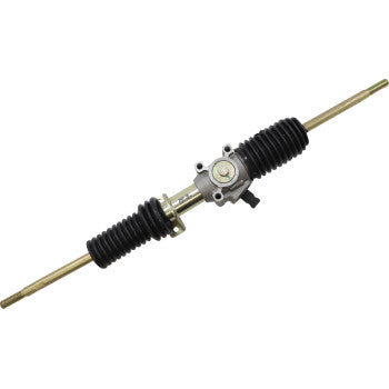 The Steering Rack by Moose Offroad features black rubber boots on both ends, brass-colored tie rods, and a central metal housing with mounting brackets.