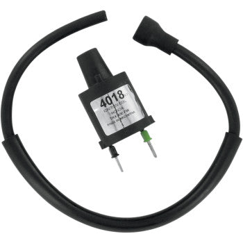 Black ignition coil with attached spark plug wire and two metal prongs, labeled 4018.