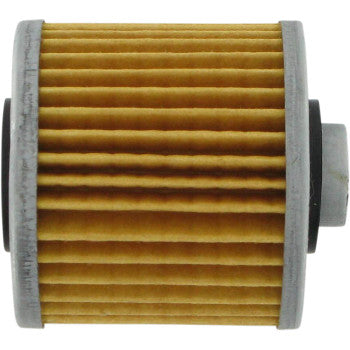 The Oil Filter by Parts Unlimited is a cylindrical automotive filter made with yellow pleated German paper and metal end caps, shown side view on a white background, designed to meet OEM requirements.