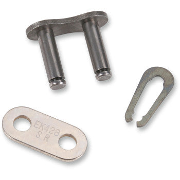 The 428 SR 428 H Heavy Duty Master Link by Ek is a replacement set for motorcycle chains, featuring two metal pins, a flat plate marked EK428 SR with two holes, and a sturdy metal clip.
