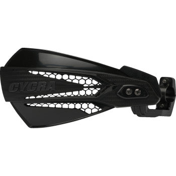 The MX Race Hand Guards Black by Cycra feature impact-resistant construction, a honeycomb vent design, mounting bracket, and visible screws for robust motocross handlebar protection.