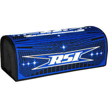 The Cold Weather Handlebar Pad Large Blue by Race Shop Inc. is a blue and black rectangular pad featuring white geometric patterns, bold RSI branding in the center, and molded foam for excellent riser protection.