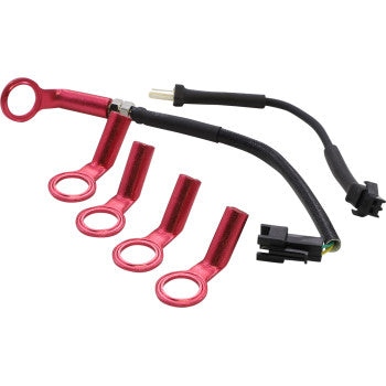 The Cylinder Head Temperature Sensor 10 mm by Koso North America is shown with four red ring terminals and black insulated wires with plug connectors, suitable for 0-150°C use, all displayed on a white background.