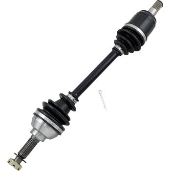 Black metal CV axle shaft with silver outer joint housing and rubber CV boots on both ends, includes a small metal pin.