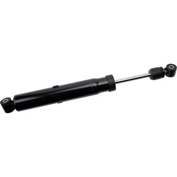 The Polaris Scrambler Sportsman Rear Shocks by Moose Offroad are black hydraulic shock absorbers with a cylindrical body, metal piston rod, and dual mounting eyelets—ideal as a Polaris ATV rear shock replacement, shown on a white background.