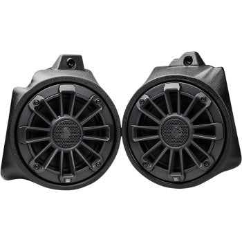 A pair of black, round Honda Talon Speaker Kit by Mb Quart coaxial speakers with protective grilles, designed for vehicles or outdoor use, shown side by side on a white background.