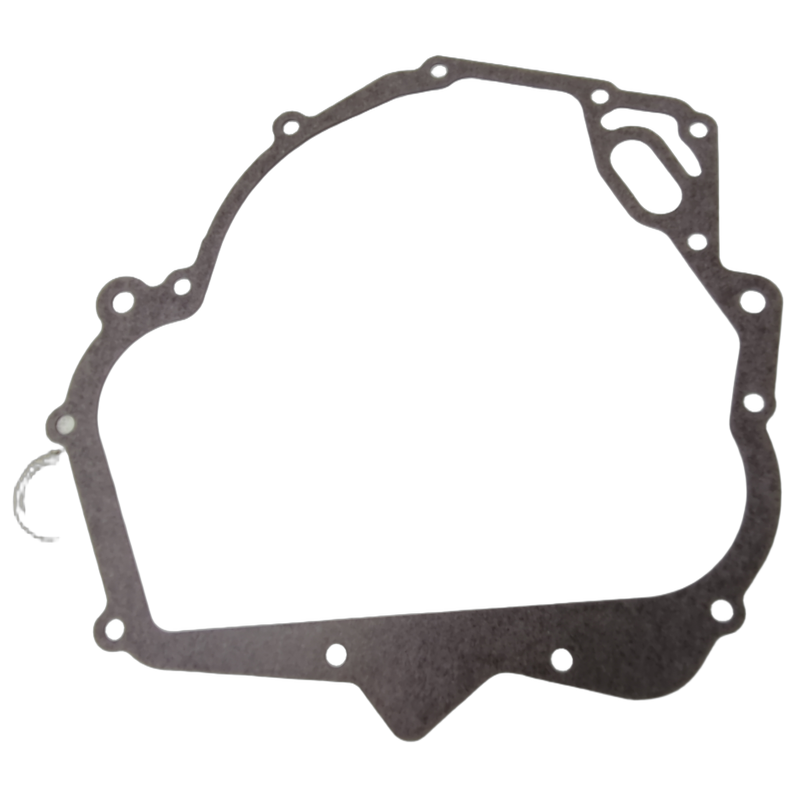 Black irregular-shaped crankcase cover gasket with multiple bolt holes and a textured surface.