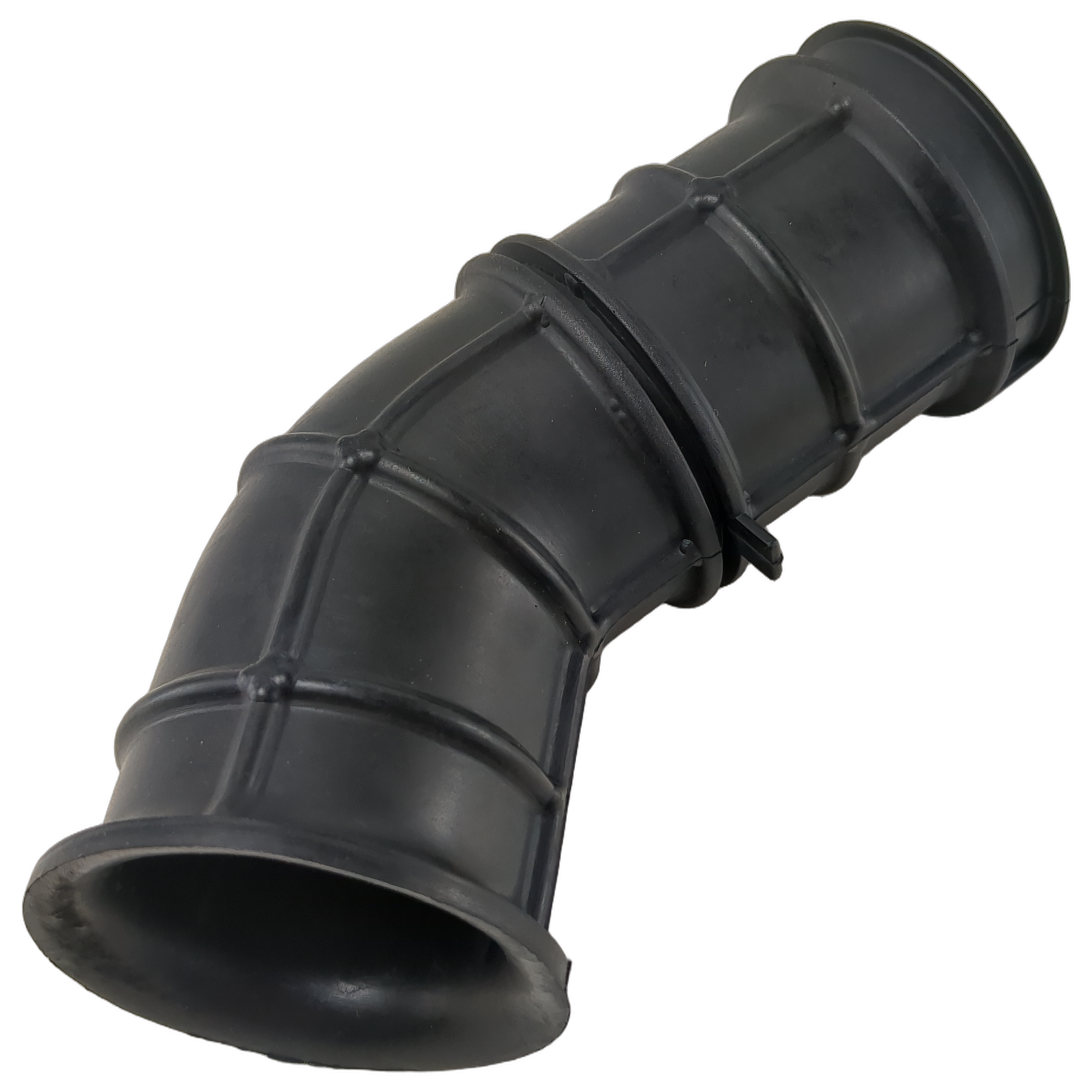 Black flexible rubber air cleaner joint with ribbed design and flanged ends angled at 45 degrees.