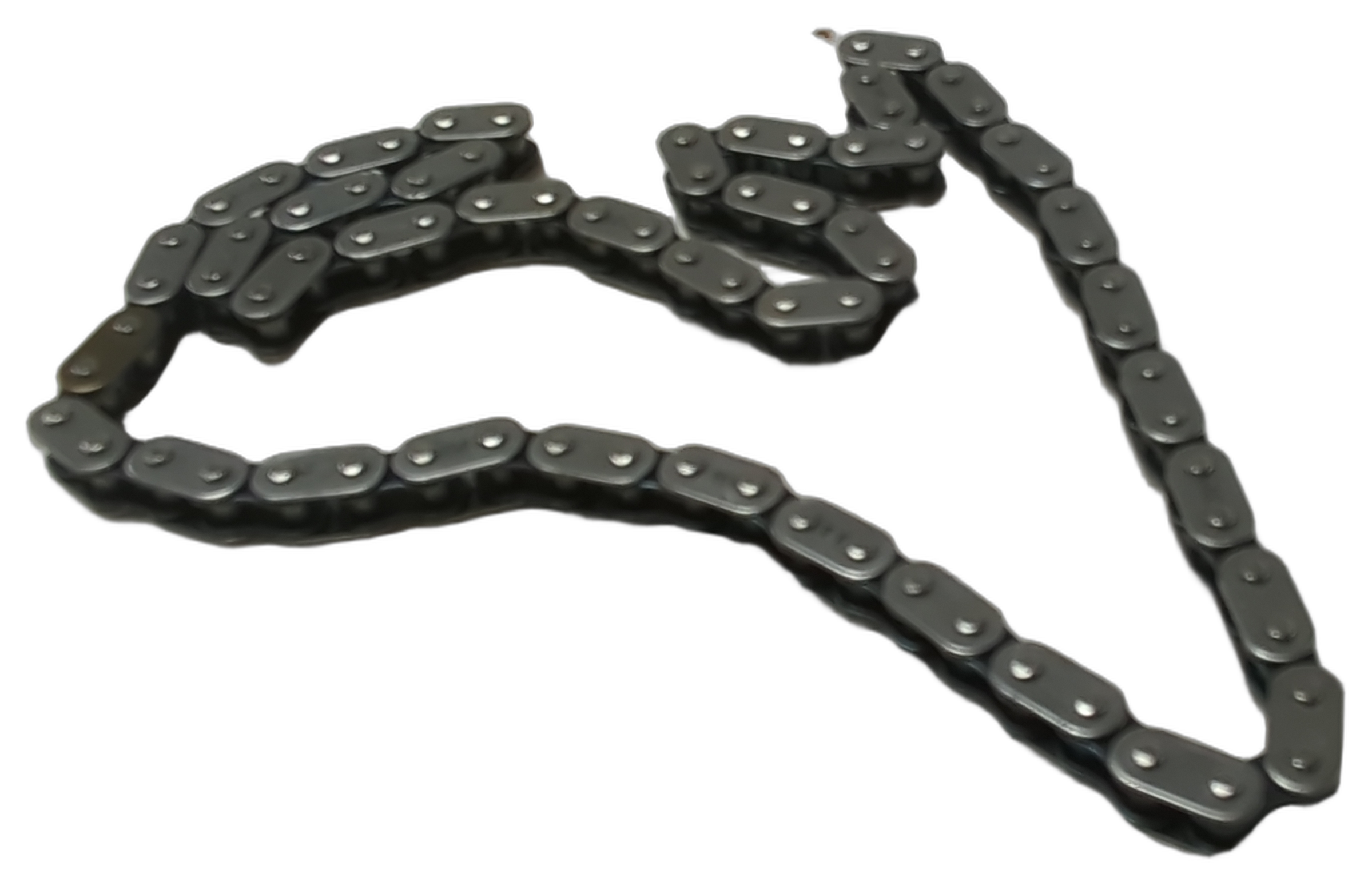 Black metal roller chain with interconnected links designed for mechanical power transmission.