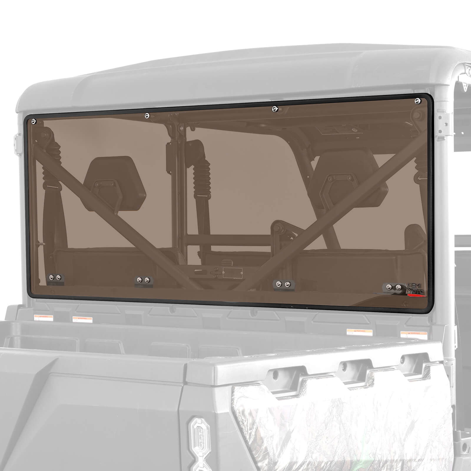 The CFMOTO UFORCE 1000/1000XL Tinted Rear Windshield UV-Resistant by Kemimoto is mounted on a UTV, revealing the frame, seats, and roll bars inside through its semi-transparent panel.