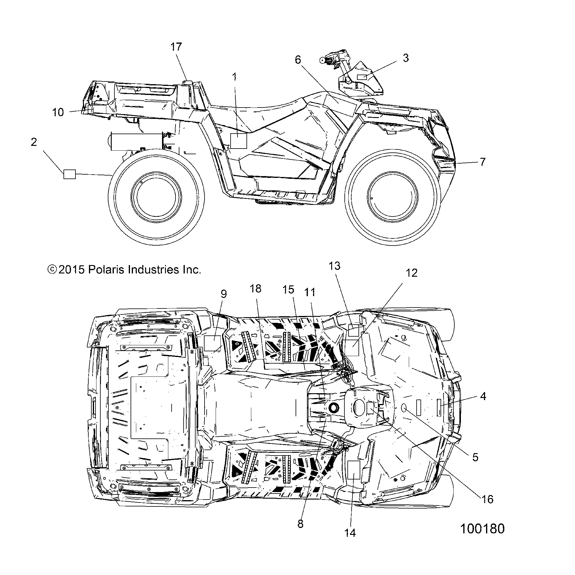 An Image of a Genuine Polaris Parts Schematic Diagram showing the schematic - BODY: DECALS - 2016 POLARIS SPORTSMAN 570 EFI X2 EPS
