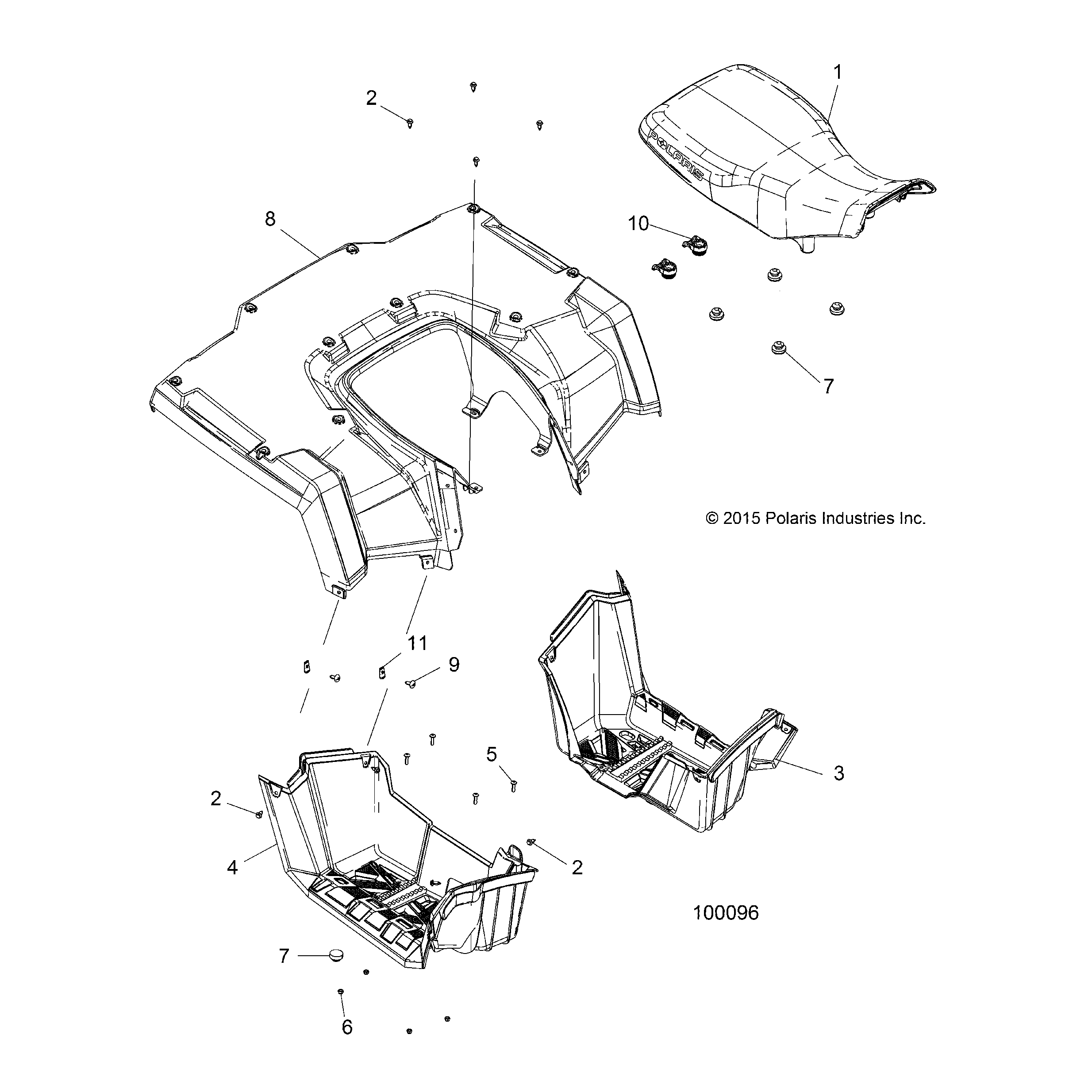 An Image of a Genuine Polaris Parts Schematic Diagram showing the schematic - BODY: REAR CAB SEAT and FOOTWELLS - 2019 POLARIS SPORTSMAN 570 EFI