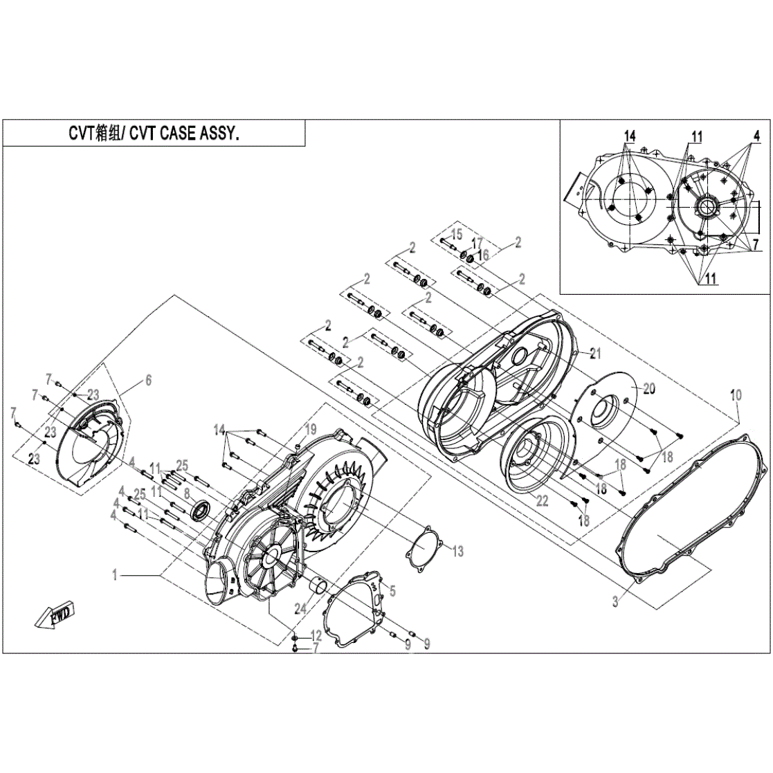 An Image of a genuine CFMOTO Parts Schematic Diagram showing the group - CVT CASE ASSY - 2020 CFMOTO CFORCE 600