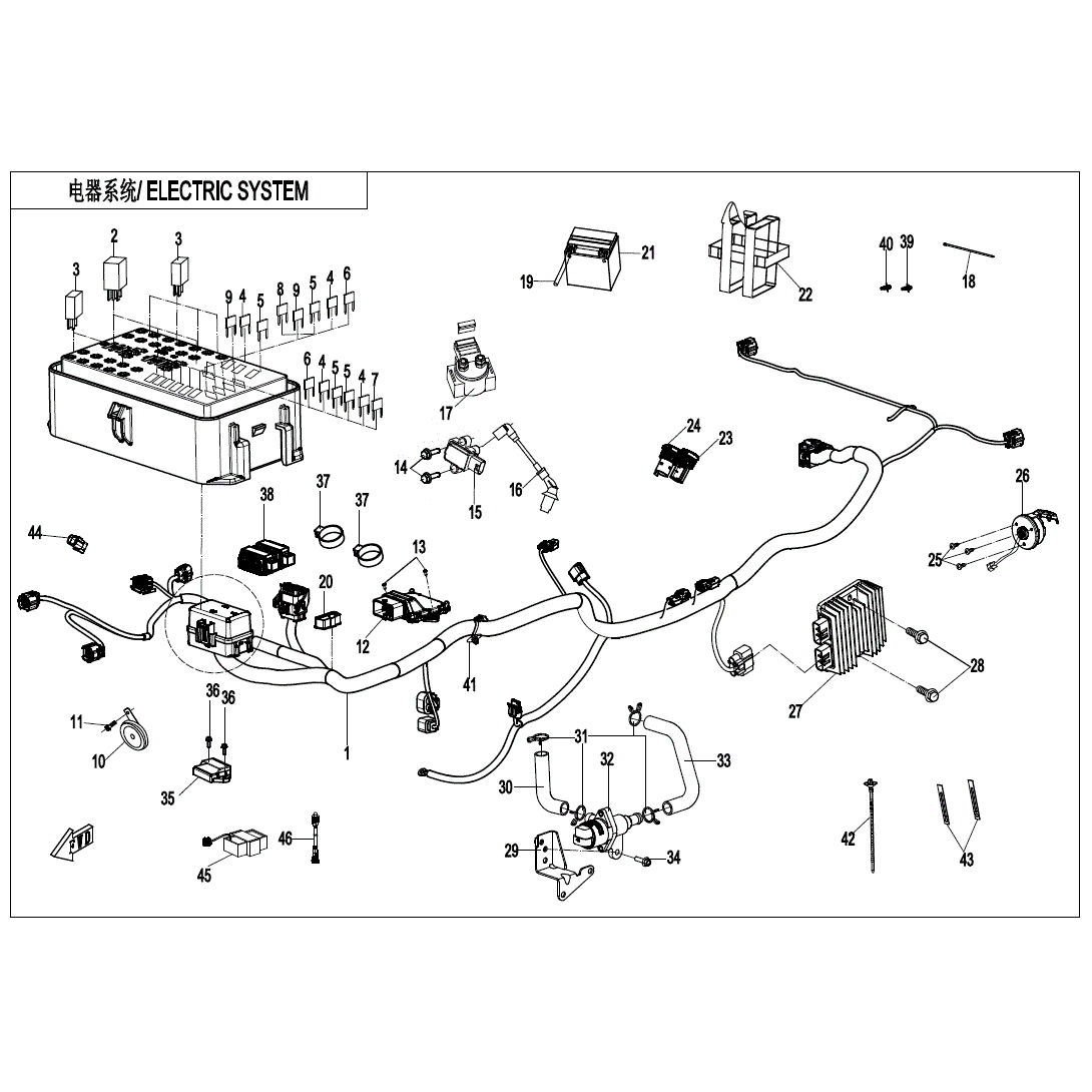 An Image of a genuine CFMOTO Parts Schematic Diagram showing the group - ELECTRIC SYSTEM - 2025 CFMOTO CFORCE 400