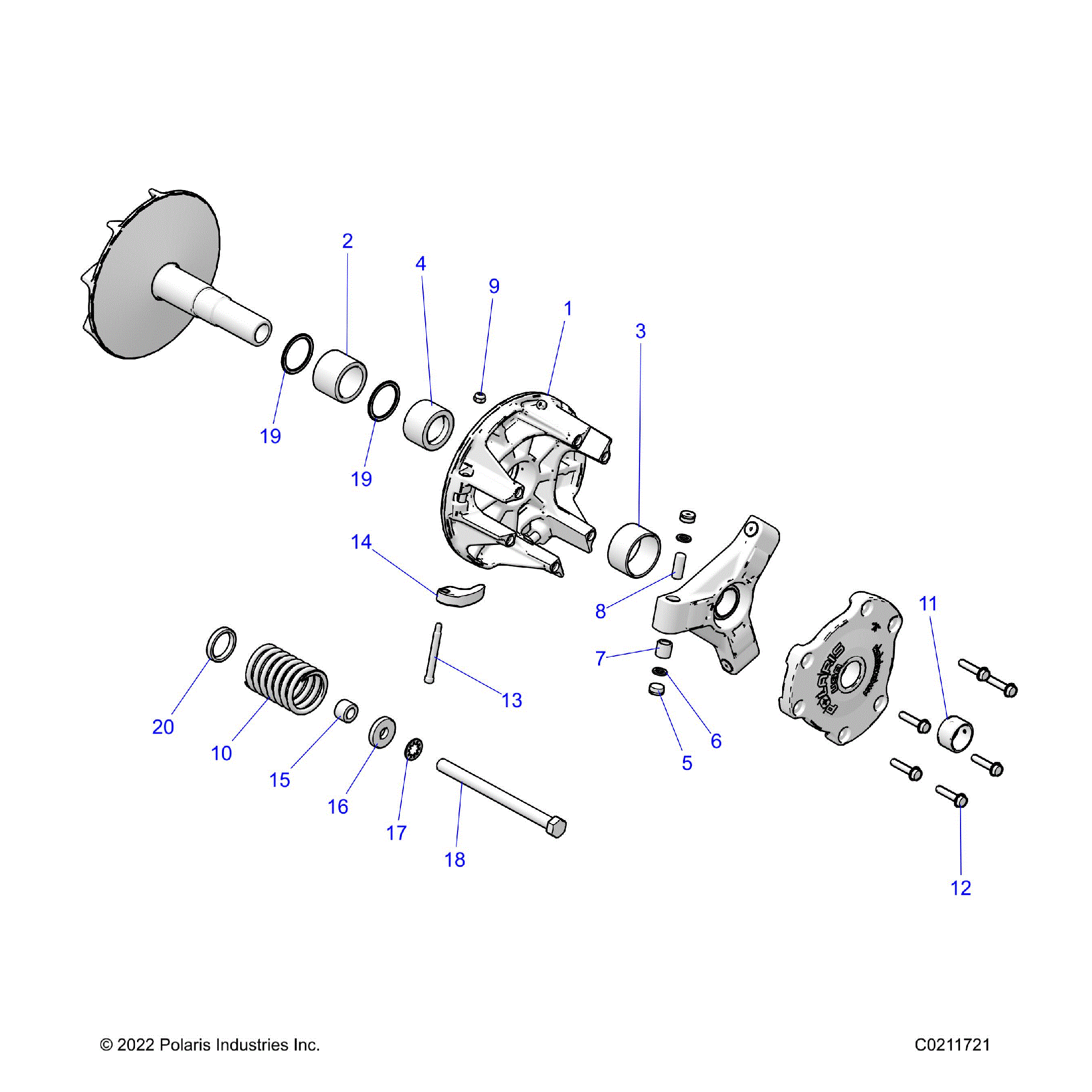 An Image of a Genuine Polaris Parts Schematic Diagram showing the schematic - DRIVE TRAIN: PRIMARY CLUTCH - 2022 POLARIS SCRAMBLER XP 1000 S 55"
