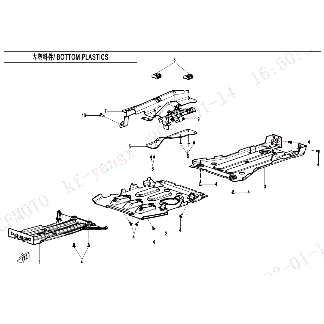 An Image of a genuine CFMOTO Parts Schematic Diagram showing the group - BOTTOM PLASTICS - 2025 CFMOTO CFORCE 400
