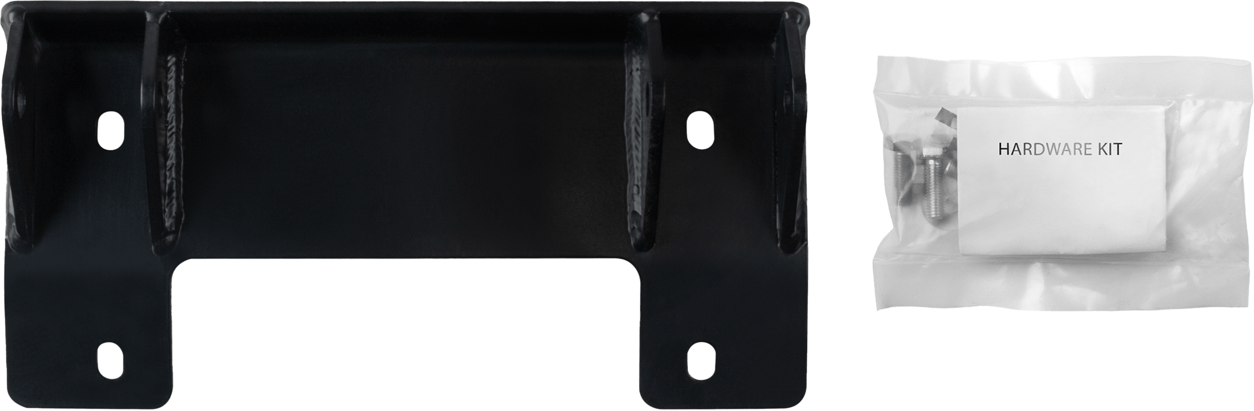 A black metal UTV Plow Mount by Open Trail with four holes is shown next to a clear plastic bag labeled HARDWARE KIT, containing screws and small hardware parts.