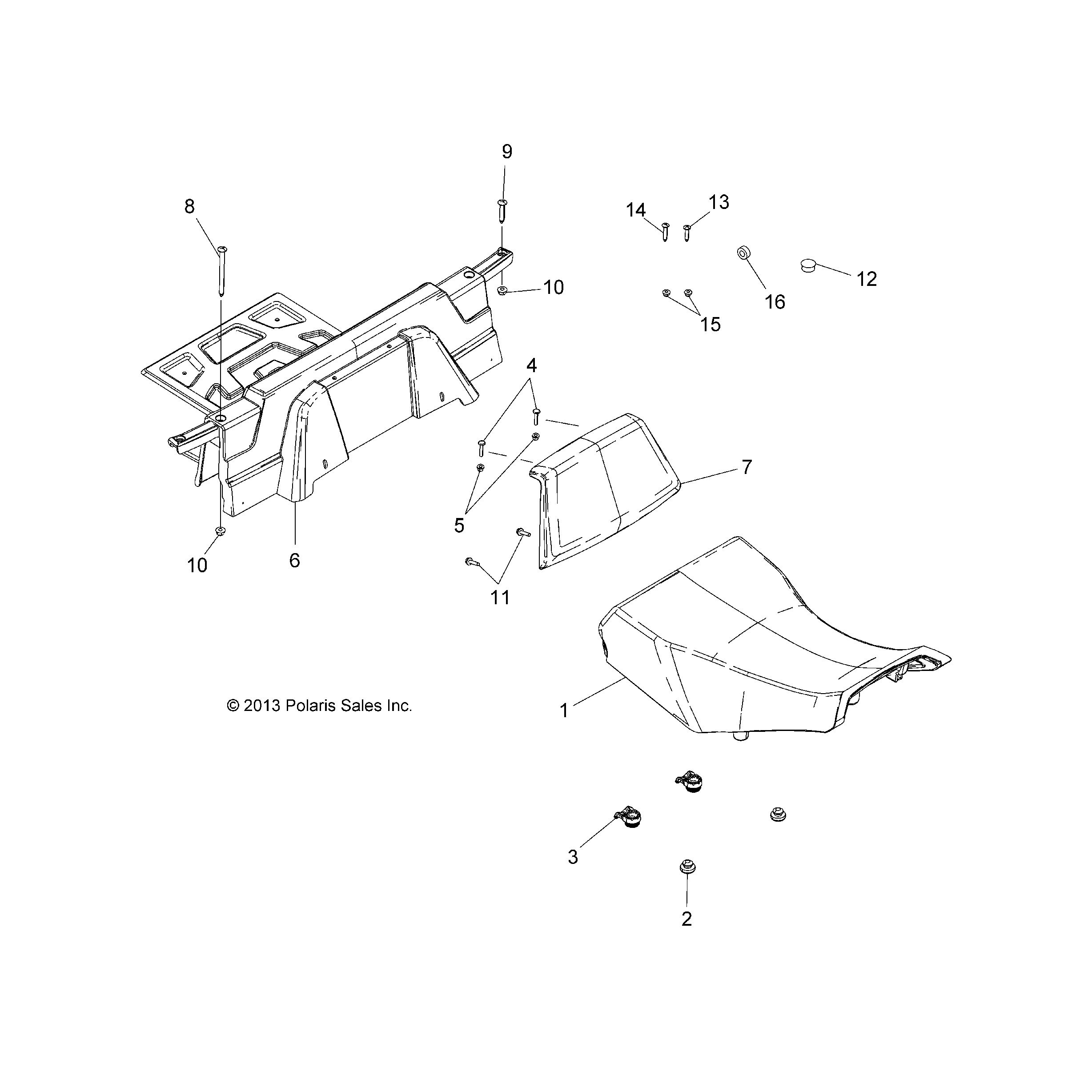 An Image of a Genuine Polaris Parts Schematic Diagram showing the schematic - BODY: SEAT AND BACKREST - 2016 POLARIS SPORTSMAN 570 EFI UTE HD