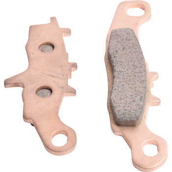 The image shows Sintered Brake Pads by All Balls—one pad reveals the friction material, the other displays its backing plate with two large mounting holes. These pads deliver excellent stopping power and long-lasting durability.