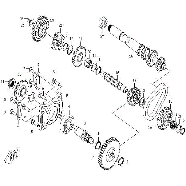 An Image of a genuine CFMOTO Parts Schematic Diagram showing the group - TRANSMISSION (1) - 2015 CFMOTO CFORCE 500 SWB