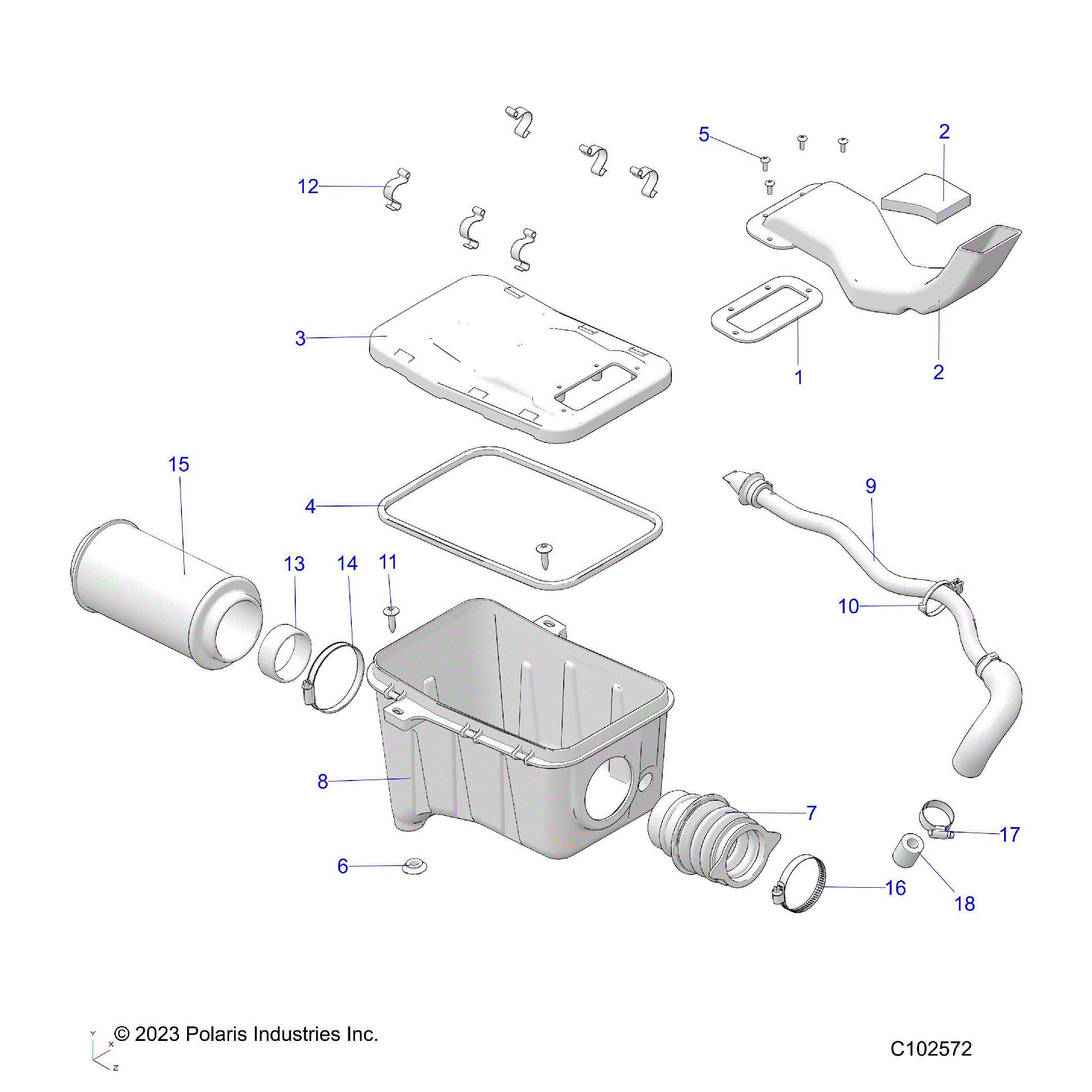 An Image of a Genuine Polaris Parts Schematic Diagram showing the schematic - ENGINE: AIR INTAKE SYSTEM - 2024 POLARIS SPORTSMAN 570 EPS EBS RC LE