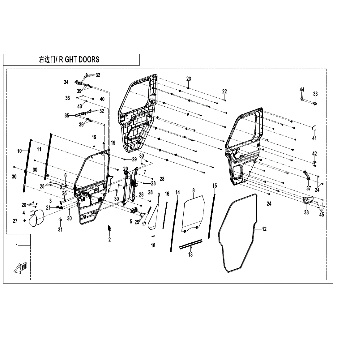 Exploded diagram of CF Moto Rear Door Seal Panel RH for ATV, with numbered parts like glass, handles, panels, bolts, and screws. RIGHT DOORS labeled in English and Japanese. Find genuine CF Moto parts at Witchdoctors.com.