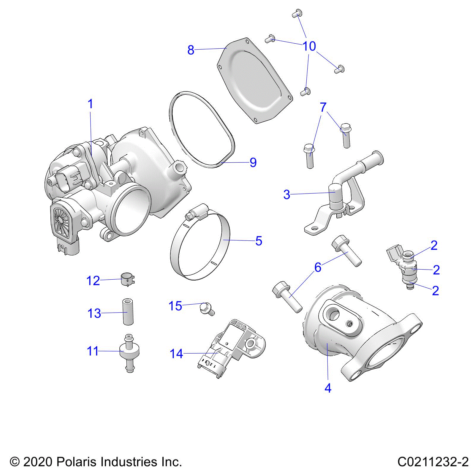 An Image of a Genuine Polaris Parts Schematic Diagram showing the schematic - ENGINE: THROTTLE BODY and FUEL RAIL - 2021 POLARIS SPORTSMAN 570 EPS